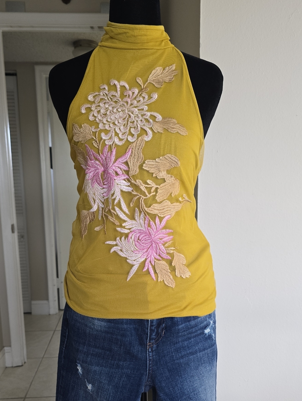 Anthropologie Mustard Halter Camisole with Pink & Cream Floral Embroidery